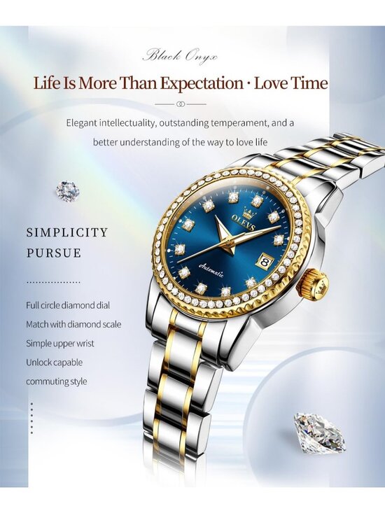 Women\'s Blue Automatic Diamond Luxury Mechanical Stainless Steel Wrist Watches